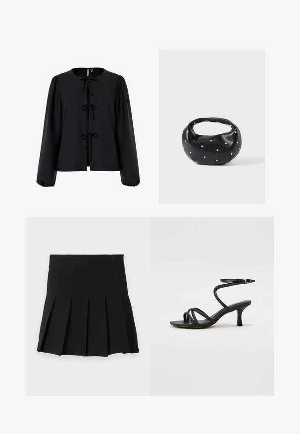 Blusa negra corta con escote redondo, tres lazos en el frente, mangas largas abullonadas y un tejido texturizado.; Falda negra con pliegues, con una cinturilla ajustada, hecha de una tela suave. Presenta múltiples pliegues verticales para una silueta estructurada.; Even&Odd Wide Fit by Zalando Sandalias - black; Bolso de mano de cuero negro con forma redondeada, decorado con detalles de tachuelas plateadas y un asa corta. Textura lisa y cierre con cremallera.