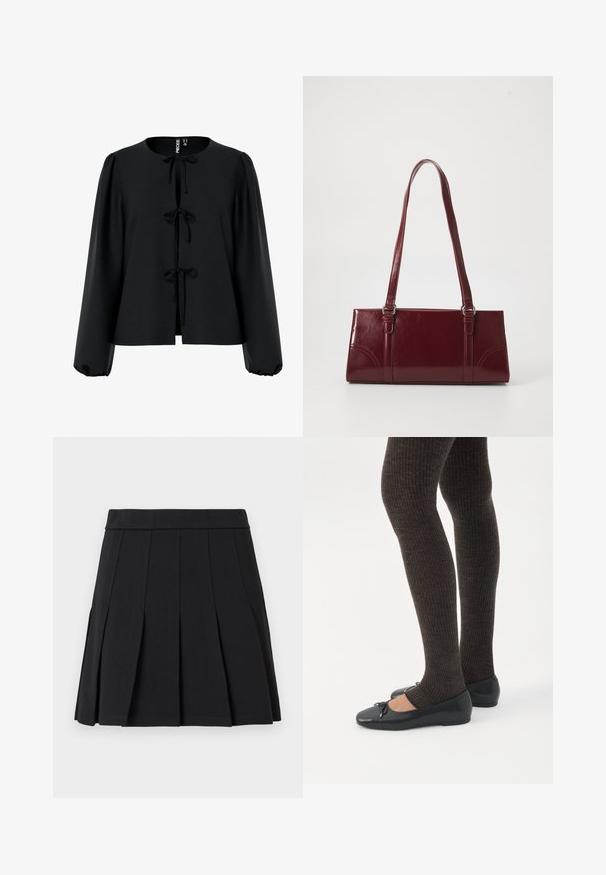 Zwarte cropped blouse met een ronde halslijn, drie strikjes aan de voorkant, lange pofmouwen en een gestructureerde stof.; Zwarte geplooide rok gemaakt van een glad materiaal. Voorzien van een brede tailleband en meerdere verticale mesplooien.; Benen met donkere geribbelde leggings gecombineerd met zwarte ballerina's met kleine strikdetails op een witte achtergrond.; Bourgondische handtas van glanzend materiaal, rechthoekige vorm, met twee schouderbanden en subtiele gebogen accenten aan de voorkant.