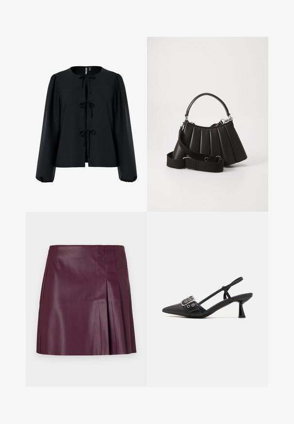 Must ümar kaelus, ees kolm rihma, pika puhviga varrukad ja tekstuuriga kangas.; ONLY ONLARTZY Short - Miniseelik - mauve wine; Simmi London DALA - Klassikalised kontsakingad - black; Mustmust kott mustris, millel on ümmargune käepide, reguleeritav rihm ja läikiv tekstuur. Omab hõbedast riistvara ja struktureeritud siluetti.
