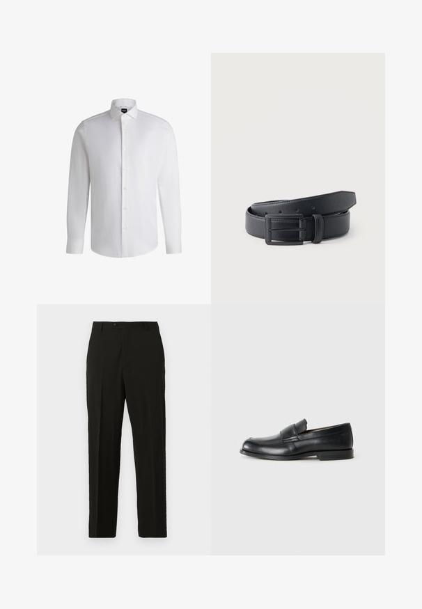 Camisa blanca de manga larga hecha de algodón suave, con un cuello clásico, botonera completa y puños abotonados. Diseño minimalista.; Pantalones negros a medida hechos de una tela suave, con un corte recto, cierre de botón y pliegues frontales para mayor estructura.; Mocasines de cuero negro con punta redondeada, detalles cosidos y suela plana de goma. Presentan una banda ancha sobre el empeine.; Cinturón de cuero negro texturizado con hebilla rectangular negra mate, enrollado sobre un fondo liso gris claro.