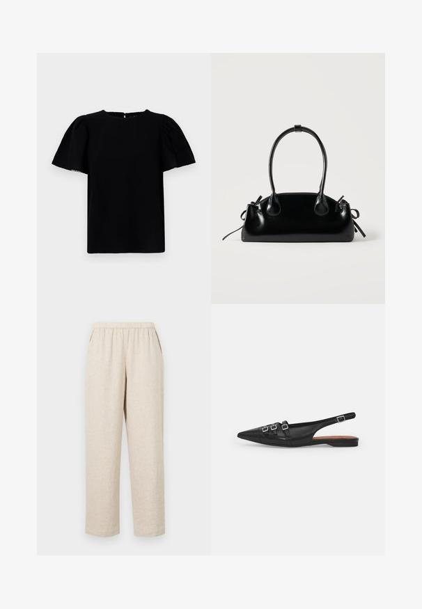 Blusa negra de manga corta con mangas abullonadas, escote redondo y cierre en la parte posterior en forma de ojo de cerradura. Presenta una tela suave y texturizada.; Pantalones de lino beige con cintura elástica, que cuentan con bolsillos laterales, piernas rectas y un acabado de tela texturizada.; Zapato plano slingback de cuero negro con puntera puntiaguda, que presenta dos correas horizontales y hebillas plateadas cuadradas, tacón bajo y textura suave.; Pequeño bolso negro brillante con dos asas largas y detalles de cordón lateral sobre un fondo claro liso.