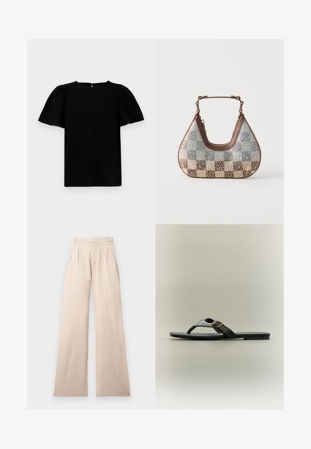 Blusa negra de manga corta con mangas abullonadas, escote redondo y cierre en la parte posterior en forma de ojo de cerradura. Presenta una tela suave y texturizada.; Pantalones de pierna ancha beige hechos de algodón, con plisados en la parte frontal y una textura suave. El diseño incluye una cinturilla estándar y sin patrón visible.; Sandalia plana negra con suela delgada, tira entre los dedos y una correa lateral con detalle de hebilla de bronce.; Bolso pequeño de cuero marrón con un asa corta, cubierto de brillantes pedrería sobre una tela a cuadros en beige y marrón.