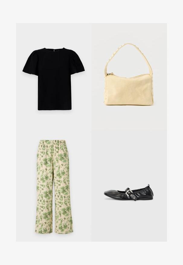 Blusa negra de manga corta con mangas abullonadas, escote redondo y cierre en la parte posterior en forma de ojo de cerradura. Presenta una tela suave y texturizada.; Pantalones de pierna ancha con estampado floral y cintura elástica; presentan hojas verdes sobre un fondo beige y un acabado de tela texturizada.; Zapato plano de piel negra con puntera afilada, detalle fruncido alrededor de la abertura y un acento de hebilla plateada en la correa ajustable.; Pequeño bolso de cuero beige con una sola correa y tachuelas plateadas a lo largo de los bordes y la correa, sobre un fondo liso.