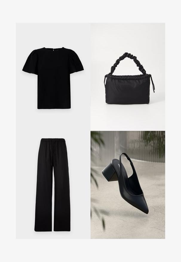 Blusa negra de manga corta con mangas abullonadas, escote redondo y cierre en la parte posterior en forma de ojo de cerradura. Presenta una tela suave y texturizada.; Pantalones negros de pierna ancha con cintura elástica y cordón, mostrados planos sobre un fondo gris claro.; Zapato de tacón slingback de cuero negro con punta afilada y tacón cuadrado. Textura suave, diseño minimalista y correa ajustable en el tobillo.; Bolso negro hecho de tela suave y lisa. Presenta un asa fruncida y cierre con cordón, con forma rectangular y sin herrajes visibles.