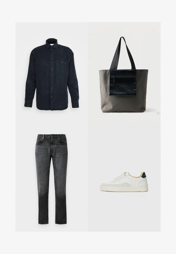 Chemise boutonnée à manches longues bleu marine, fabriquée en coton doux, avec une poche poitrine unique et un col classique.; Jean en denim noir à coupe droite, design à cinq poches et décoloration subtile. Équipé d'une fermeture à bouton et de passants de ceinture. Texture lisse.; Baskets blanches avec des accents en daim, bout arrondi, lacets plats et semelle en caoutchouc crème. Présente une marque verte sur le talon.; Sac fourre-tout gris avec poche zippée noire à l'avant et bretelles noires sur fond uni.