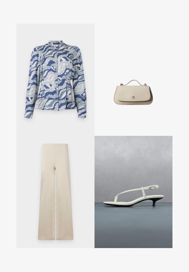 Blusa azul con un patrón de olas en blanco, con frente abotonado, cuello redondeado y mangas largas. Hecha de una tela texturizada.; Pantalones anchos beige fabricados con una tela suave y de textura lisa. Cuentan con una cintura elástica alta para mayor comodidad y un diseño limpio y minimalista.; Sandalia blanca de tacón kitten con tiras y punta afilada, flotando sobre un suelo de baldosas de madera al aire libre, con un fondo desenfocado de plantas y pared.; Pequeño bolso de mano de cuero beige con asa superior y logo plateado de CK en la solapa frontal, mostrado sobre un fondo blanco.