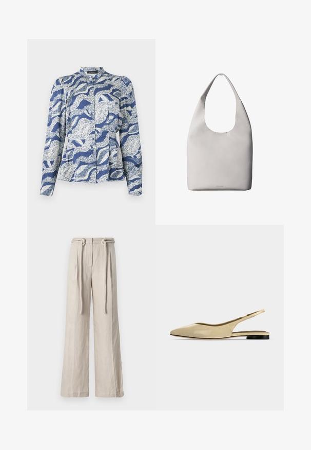 Blusa azul con un patrón de olas en blanco, con frente abotonado, cuello redondeado y mangas largas. Hecha de una tela texturizada.; Pantalones de pierna ancha en lino beige claro con una cintura alta, pliegues frontales y un detalle de cinturón atado. Textura suave y ajuste relajado.; Zapato plano beige con puntera puntiaguda, diseño slingback, tacón bajo negro y acabado en cuero liso, mostrado de perfil sobre un fondo liso.; Bolso tote de cuero blanco con una sola correa para el hombro, textura suave y logo discreto de Calvin Klein cerca del centro inferior.