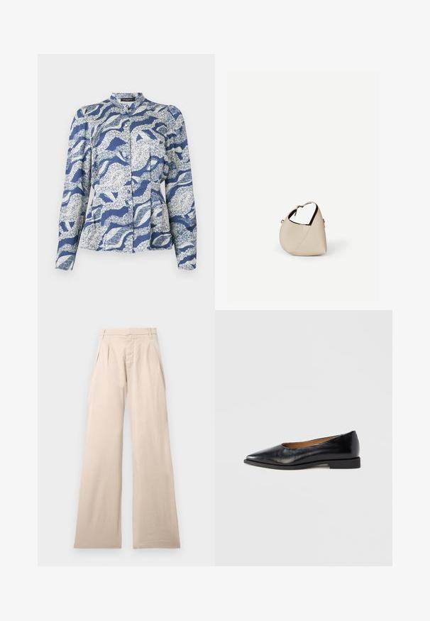 Blusa azul con un patrón de olas en blanco, con frente abotonado, cuello redondeado y mangas largas. Hecha de una tela texturizada.; Pantalones de pierna ancha beige hechos de algodón, con plisados en la parte frontal y una textura suave. El diseño incluye una cinturilla estándar y sin patrón visible.; Zapato plano de cuero negro con punta puntiaguda y tacón cuadrado bajo. Textura lisa, diseño minimalista y sin elementos visibles ni patrones.; Bolso de cuero beige en forma de media luna con una sola correa para el hombro y costuras mínimas, colocado sobre un fondo blanco liso.