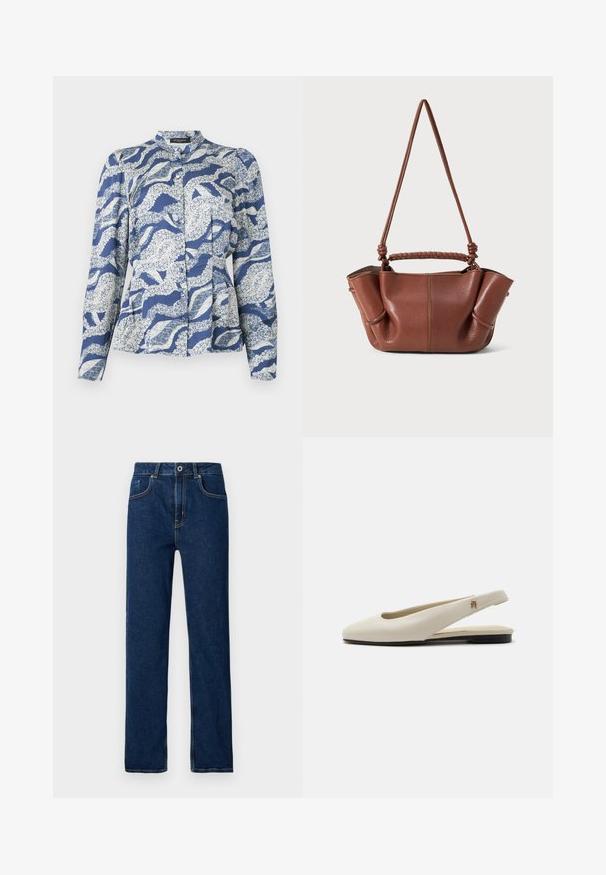 Blå bluse med et bølgemønster i hvidt, med knaplukning foran, rund krave og lange ærmer. Fremstillet af et struktureret stof.; Mørkeblå denim jeans med lige ben, fem-lomme design, synlig stikning og en metalknaplukning i taljen.; Flatsko i cremefarvet læder med rundet tå og lille guldemblem på remmen.; Brun læderhåndtaske med et flet-tov og justerbar skulderrem. Har blødt foldede sider og synlige stikninger som detaljer.