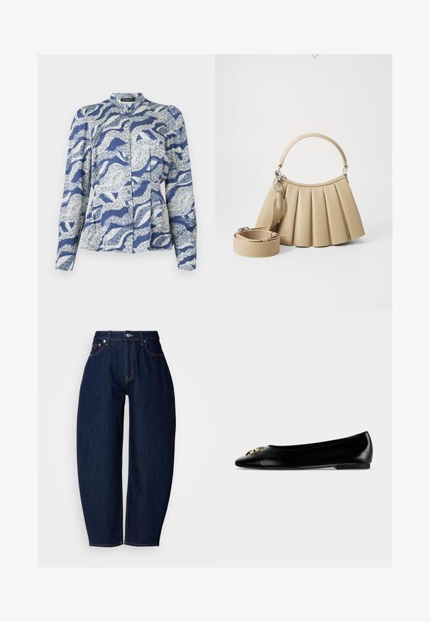 Blå bluse med et bølgemønster i hvidt, med knaplukning foran, rund krave og lange ærmer. Fremstillet af et struktureret stof.; Mørkeblå denim jeans med en afslappet pasform, lige ben, fem lomme-design og kontrasterende gule syninger. Metal knaplukning i taljen.; Sort læder flad sko med en guldfarvet dekorativ spænde på den runde tå og en lav hæl mod en hvid baggrund.; Lacoste LENGLEN BAG - Håndtasker - viennois