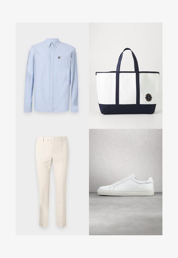 Lysblå langærmet skjorte med nedknappet krave, forlommer og broderet logo. Fremstillet af struktureret bomuldsstof.; Lys beige chinos lavet af bomuld, med flad front, bæltestropper og sidelommer. Lige ben design med en glat tekstur.; Hvide sneakers med en glat læderoverdel og lav profil. Har en rund tå, seks snørehuller og en tekstureret gummisål.; Tote bag lavet af hvidt lærred med marineblå accenter. Har to robuste håndtag og et logo-patch på fronten. Firkantet form.