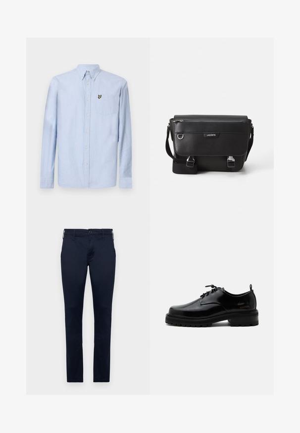 Hellblaues Langarmhemd mit Button-Down-Kragen, Brusttasche und gesticktem Logo. Hergestellt aus strukturiertem Baumwollstoff.; Marineblaue Baumwollhose mit geradem Bein, standardmäßiger Taille und fünf Taschen. Glatte Textur mit minimalen Nähdetails.; Schwarzer polierter Lederschnürschuh mit dicker Gummisohle und niedrigem Absatz, seitlichem Marken-Schriftzug "SAMSOE" und hinterer Zuglasche.; Schwarze, strukturierte Lacoste-Umhängetasche mit verstellbarem Tragegurt, Frontklappe, Reißverschlusstasche und Metallschnallen.