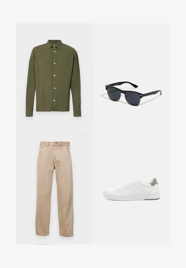 Olivgrünes Hemd mit langen Ärmeln, Knopfleiste, spitzem Kragen und subtiler Struktur im Stoffmuster, vor einfarbigem Hintergrund dargestellt.; Beige Denim-Jeans mit geradem Beinschnitt, ausgestattet mit Vordertaschen, einem Metallknopfverschluss und feiner Textur.; Weißer Sneaker aus glattem Leder, runde Zehenpartie, minimalistisches Design, graue Fersenkante und strukturierte Gummisohle.; Schwarze Sonnenbrille mit rechteckiger Form, dunklen Gläsern, silbernen Akzenten an den Bügeln und mattierter Oberfläche des Rahmens.