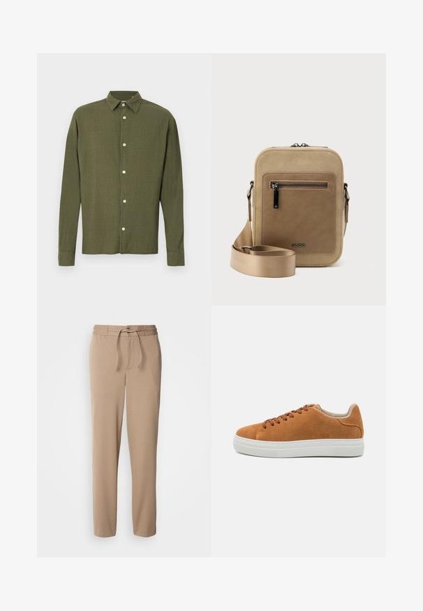 Olivgrünes Hemd mit langen Ärmeln, Knopfleiste, spitzem Kragen und subtiler Struktur im Stoffmuster, vor einfarbigem Hintergrund dargestellt.; Beige Sweatpants aus weichem Baumwollmaterial, mit elastischem Bund, Kordelzug, slim fit und geraden Beinen ohne Muster.; Helle Wildleder-Sneaker mit braunen Schnürsenkeln, einer weißen Gummisohle, runder Zehenform und minimalistischem Design, das einen strukturierten Fersenakzent aufweist.; Kleine beige Umhängetasche mit vorderer Reißverschlusstasche, metallischem ALDO-Logo, verstellbarem breitem Riemen und abgerundeter rechteckiger Form vor weißem Hintergrund.