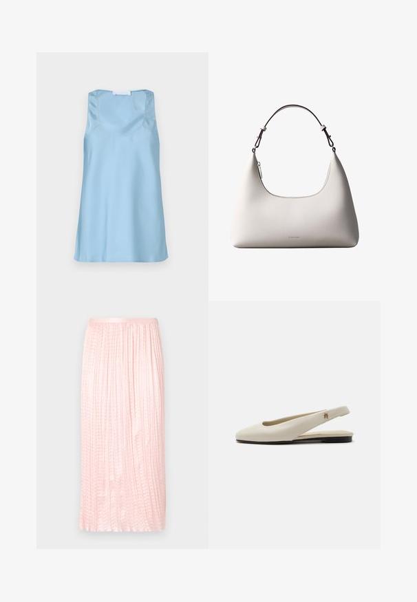 Débardeur en satin bleu clair avec encolure dégagée et larges bretelles, présentant une texture lisse et un ourlet droit.; Jupe midi plissée en rose doux, avec une texture lisse et une taille élastique. Conçue avec des plis verticaux pour un aspect fluide.; Chaussure plate slingback en cuir couleur crème avec un bout arrondi et un petit emblème doré sur la bride.; Sac à bandoulière en cuir couleur crème de Calvin Klein avec bord supérieur incurvé, fermeture éclair argentée et sangle ajustable brun foncé.