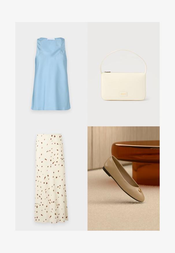 Débardeur en satin bleu clair avec encolure dégagée et larges bretelles, présentant une texture lisse et un ourlet droit.; Longue jupe crème avec des taches irrégulières brunes dispersées, longueur cheville et coupe droite.; Ballerine beige en cuir avec semelle noire et emblème doré sur l’orteil, positionnée sur un tapis crème à côté d’un meuble arrondi couleur ambre.; Sac à main rectangulaire de couleur crème avec une seule sangle et une fermeture éclair sur le dessus, comportant une petite plaque de logo embossé à l'avant.