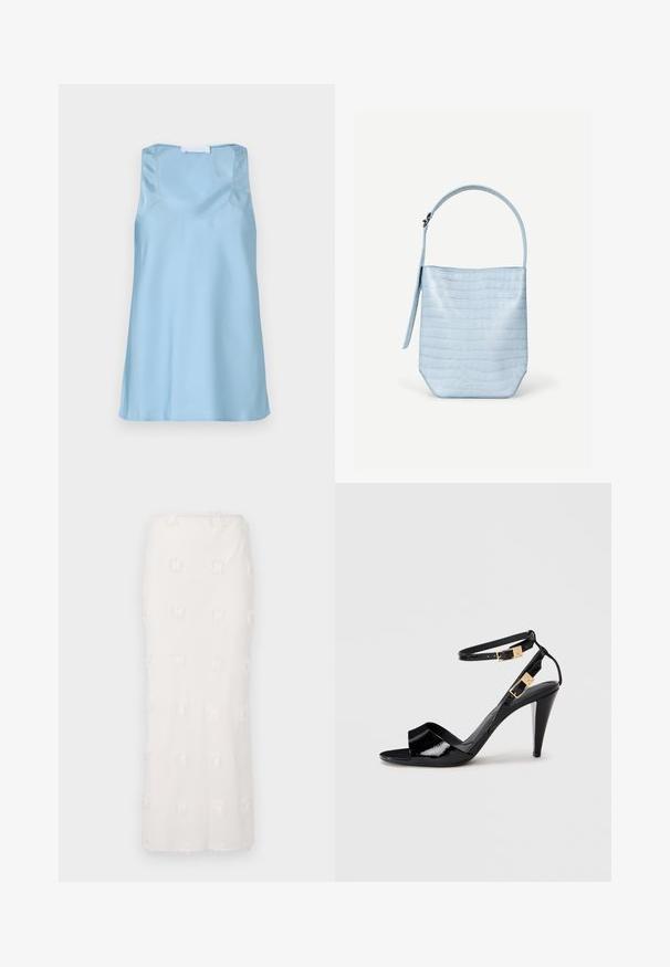 Débardeur en satin bleu clair avec encolure dégagée et larges bretelles, présentant une texture lisse et un ourlet droit.; Jupe blanche mi-longue en tissu texturé, présentant un motif brodé avec des franges subtiles. Coupe droite et taille sans couture.; Sandale à talon haut en cuir verni noir avec double bride de cheville et boucles dorées, bout ouvert, et talon effilé sur fond neutre.; Sac à main bleu clair avec texture crocodile, forme rectangulaire, poignée unique en haut et une bandoulière latérale suspendue sur un fond blanc uni.