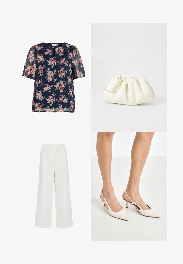 Blouse bleu marine à manches courtes avec imprimé floral rose et blanc et petit détail d'encolure en forme de trou de serrure.; Pantalon blanc à jambes larges avec taille haute et design minimaliste épuré, détail de couture avant, sans attaches ni poches visibles.; Escarpins à talon slingback en cuir verni beige avec un bout pointu et un talon de 5 cm, présentant des côtés découpés et une fine bride à la cheville.; Sac à main en cuir blanc avec un design plissé, doté d'une bandoulière en chaîne dorée et d'une forme arrondie. Texture lisse avec des plis doux et sans motifs.