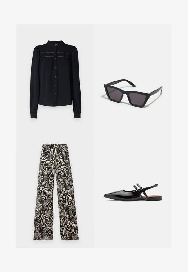 Zwarte blouse met lange mouwen, een kraag, knoopsluiting aan de voorkant, plooidetails onder de schouderpas en geplooide manchetten. Zacht, textuurstof.; Wijde broek met een monochrome, gedraaide patroon. Het materiaal lijkt lichtgewicht met een textuurafwerking; voorzien van een hoge, elastische tailleband.; Zwarte gepatineerde leren slingback schoenen hebben een spitse neus, twee banden met gespsieraden en een platte zool.; Zwarte, hoekige zonnebril met grijze lenzen; gemaakt van plastic, met dikke armen met een gladde oppervlakte en zonder zichtbare hardware.
