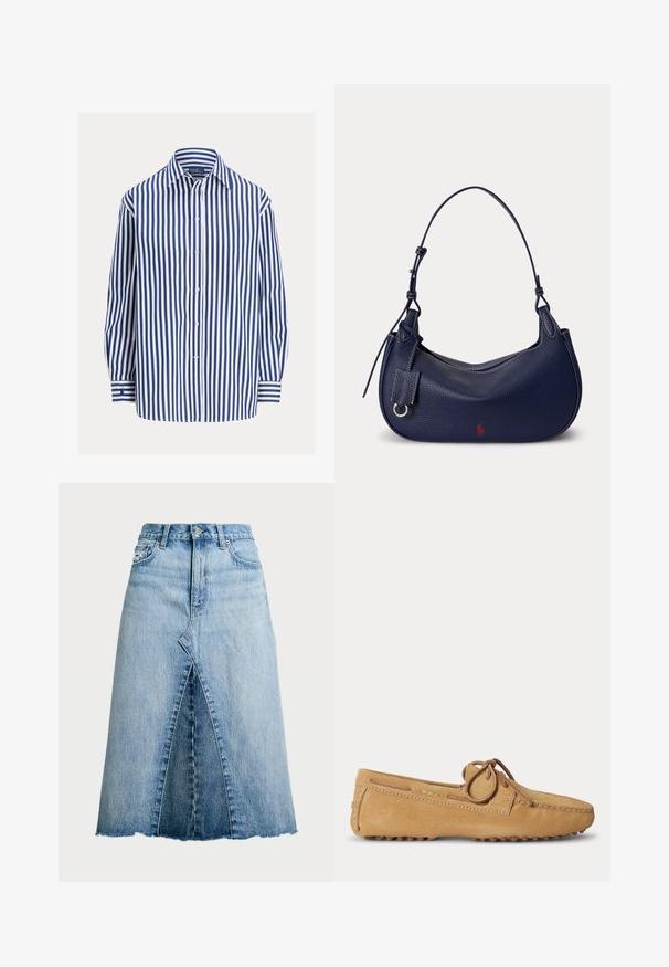 Blå og hvide stribede langærmede skjorte med slå-om knapper, enkeltlomme, blødt stof, afslappet pasform, manchetter med striber.; Polo Ralph Lauren PANELED DENIM A LINE SKIRT - A-snit nederdel - lindale wash; Lysebrun ruskind loafer med rund tå, lædersnøre bundet i sløjfe og gummisål med korn for greb.; Marineblå skuldertaske i tekstureret læder med en enkelt rem, sølvringdetalje og lille rødt logo nær bunden i midten.
