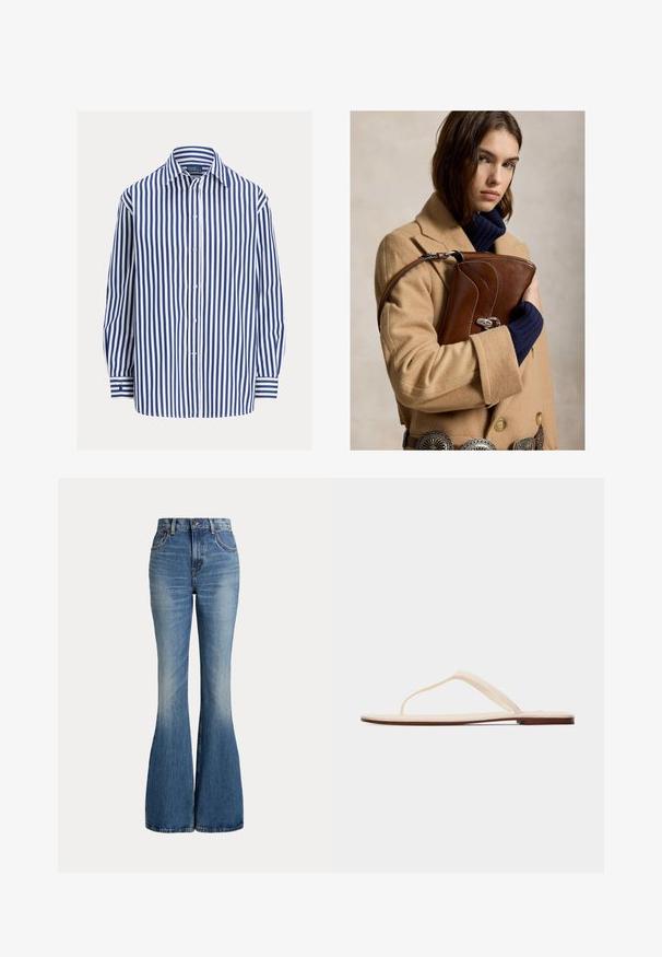 Blå og hvide stribede langærmede skjorte med slå-om knapper, enkeltlomme, blødt stof, afslappet pasform, manchetter med striber.; Højtaljede blå jeans i denim med klokkeformede ben og let falmet område foran på låret, vist mod hvid baggrund.; Beige flad thong sandal med tynde remme og en brun sål vist fra siden på en ensfarvet lys baggrund.; Ung kvinde med brunt hår iført kamel frakke og marineblå sweater, holder en mørkebrun læderhåndtaske mod en neutral baggrund.