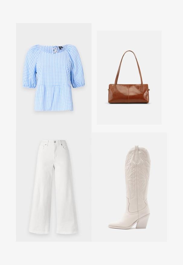 Blusa de cuadros en azul y blanco, con escote fruncido y mangas cortas con volantes, con un dobladillo tipo peplum y un detalle de abertura en la parte trasera.; Jeans anchos blancos de mezclilla, con una cintura alta, diseño de cuatro bolsillos y dobladillo deshilachado en la parte inferior para añadir textura.; Bota vaquera de cuero blanco con punta afilada y tacón bloqueado. Presenta patrones de costura intrincados en el caña y una textura suave.; Bolso rectangular de cuero marrón con dos correas largas para el hombro, acabado brillante y liso, y un diseño minimalista sobre un fondo liso.