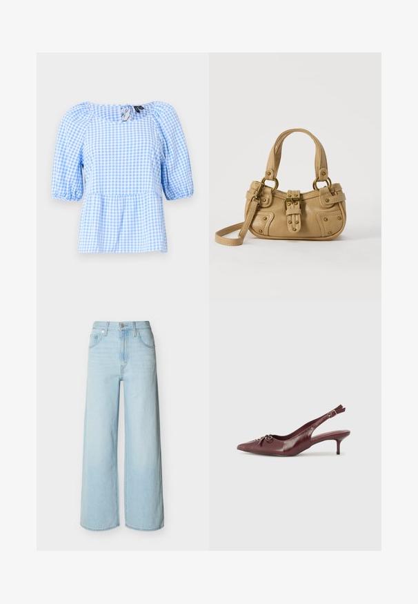 Blusa de cuadros en azul y blanco, con escote fruncido y mangas cortas con volantes, con un dobladillo tipo peplum y un detalle de abertura en la parte trasera.; Vaqueros de pierna ancha en azul claro con cierre frontal de botón y cremallera, trabillas para cinturón y diseño clásico de cinco bolsillos.; Tacón slingback de cuero burdeos con punta afilada, correa ajustable y detalle decorativo de lazo en la parte delantera. Altura del tacón de 3 pulgadas.; Bolso de cuero beige con doble asa, hebilla y remaches de latón, y una correa de hombro ajustable sobre un fondo blanco.