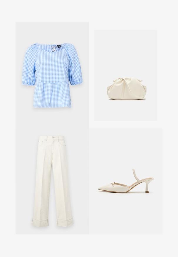 Blouse à carreaux vichy bleu et blanc, dotée d'un encolure froncée et de manches courtes bouffantes, avec un ourlet peplum et un détail de dos en trou de serrure.; Pantalons larges en crème fabriqués en coton, avec un ourlet replié et des passants de ceinture. Conçus avec deux poches avant et une fermeture à bouton sur le devant.; ALDO NAILAH - Escarpins - white/bone; Pochette en cuir souple couleur crème avec un design froncé et une fine bandoulière reposant à l’avant sur un fond uni.