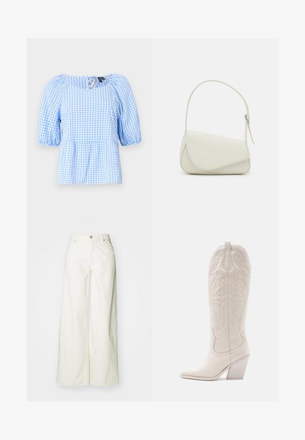 Blouse à carreaux vichy bleu et blanc, dotée d'un encolure froncée et de manches courtes bouffantes, avec un ourlet peplum et un détail de dos en trou de serrure.; Jean blancs à jambes larges en denim. Dotés d'une taille haute, d'une fermeture à bouton à l'avant et d'un design classique à cinq poches. Texture lisse, sans motifs.; Bottine de cowboy en cuir blanc avec un bout pointu et un talon bloc. Présente des motifs de broderie complexes sur la tige et une texture lisse.; Sac à main en cuir synthétique blanc avec une forme triangulaire structurée, une bandoulière unique réglable et un rabat à courbes accentuées.