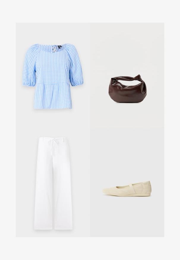 Blouse à carreaux vichy bleu et blanc, dotée d'un encolure froncée et de manches courtes bouffantes, avec un ourlet peplum et un détail de dos en trou de serrure.; Pantalons larges et blancs avec une taille élastique. Faits d'un tissu léger, présentant un design simple sans embellissements ni poches.; Ballerines beiges avec une exterior en cuir lisse, un bout en forme d'amande et une sangle élastique sur le coup de pied, avec des détails de couture subtils.; Sac bandoulière en cuir marron foncé avec une forme souple et décontractée et une anse nouée torsadée sur un fond blanc uni.