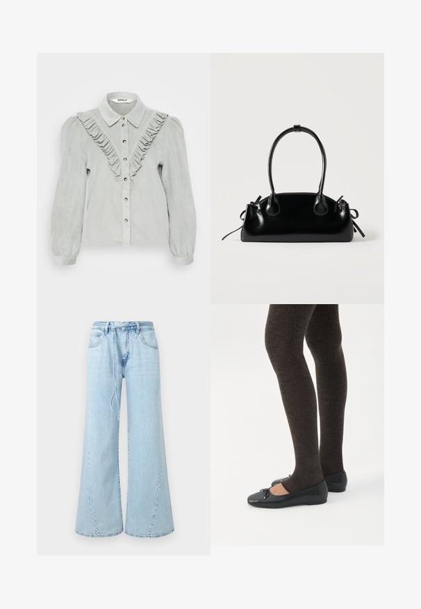 Hellgraues Kordhemd mit gerüschtem Vorderteil, Knopfleiste und Kragen. Lange Puffärmel mit elastischen Bündchen.; Hellblaue Jeans mit weitem Bein, Vordertaschen, Gürtelschlaufen und lockerem Bindegürtel in der Taille auf einfarbigem Hintergrund.; Beine in dunklen, gerippten Leggings kombiniert mit schwarzen Ballerinas mit kleinen Schleifendetails auf weißem Hintergrund.; Kleine schwarze glänzende Handtasche mit zwei langen Griffen und seitlichen Kordelzug-Details vor einfachem hellem Hintergrund.
