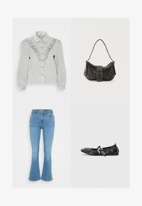 Lys grå kordfløjlsskjorte med flæset forkant, knaplukning og krave. Lange pufærmer med elastiske manchetter.; Lyseblå denim flared jeans med frontknaplukning, femlomme-design og stivet kant, med en let falmet finish.; Sorte læder flade sko med spids tå, samling detaljer omkring åbningen, og en sølv spænde accent på den justerbare rem.; Sort læder skuldertaske med spænde på remmen, afrundede kanter og kontrasterende hvide syninger på en ensfarvet baggrund.