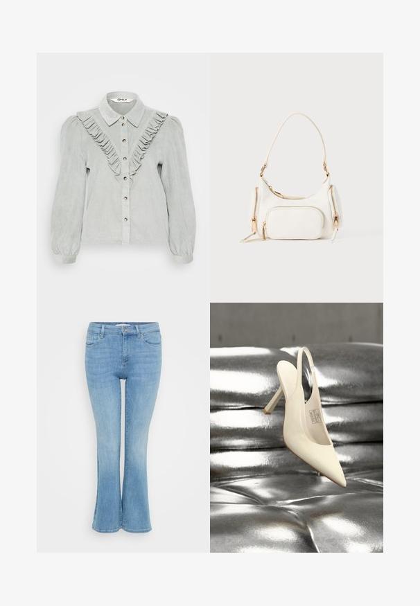 Lys grå kordfløjlsskjorte med flæset forkant, knaplukning og krave. Lange pufærmer med elastiske manchetter.; ONLY Petite ONLANN MID - Flared jeans - light blue denim; Hvid spids slingback højhælet sko vist mod en skinnende sølvfarvet polstret baggrund.; Hvid håndtaske med en kort skulderrem, tekstureret overflade, flere lynlåslommer og detaljer i guldfarvet metal. Kompakt og moderne design.