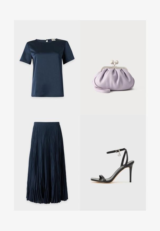Blouse en satin bleu marine à manches courtes avec encolure ronde et fermeture boutonnée au dos sur fond clair uni.; Jupe midi plissée bleu marine avec ceinture élastique et plis verticaux uniformément espacés s'étendant de la taille à l'ourlet.; Sandale à talon haut noire avec une bride étroite à la cheville, bout carré, cuir lisse et accent de boucle métallique.; Pochette lavande douce avec tissu froncé, fermoir kiss-lock argenté et bracelet assorti sur un fond clair uni.