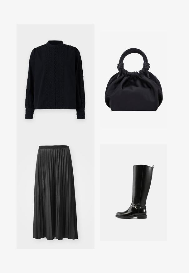 Blusa negra con cuello alto, que presenta detalles de encaje vertical y cierre de botones. Mangas largas con acentos bordados en los puños.; Falda larga negra plisada con una textura suave y cinturilla elástica, que presenta pliegues verticales que crean volumen y movimiento.; Botas negras hasta la rodilla hechas de cuero brillante, con un detalle de hebilla plateada en el tobillo y un diseño de punta redondeada. Suela plana.; Bolso de mano de tela negra suave con parte superior fruncida y asas acolchadas circulares atadas con nudos a cada lado.