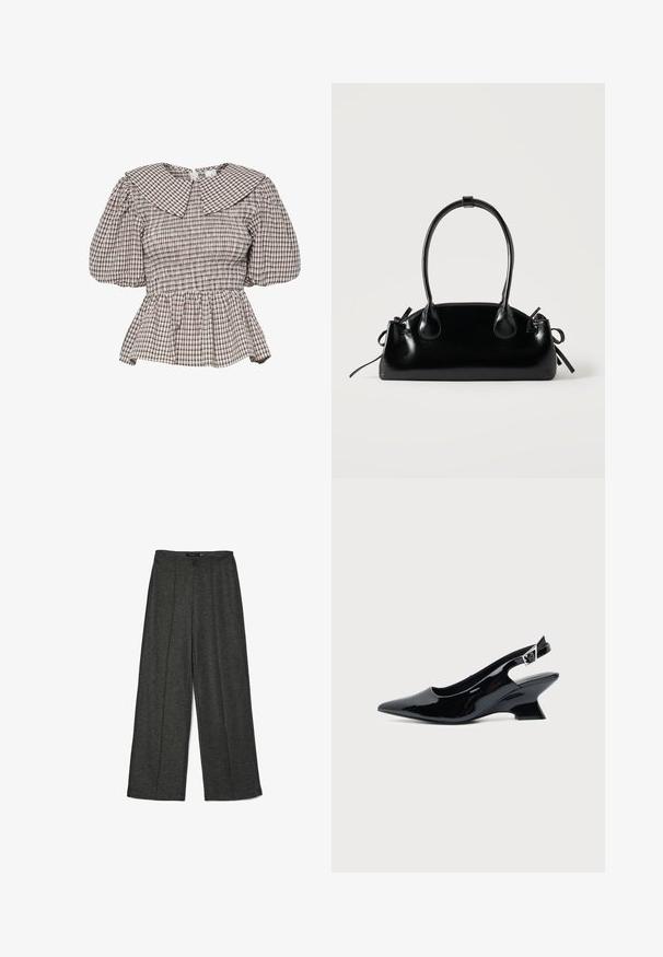 Haut peplum smocké avec un grand col. Confectionné en tissu à motif écossais dans des tons atténués. Manches bouffantes et détails froncés.; Pantalons larges gris foncé en tissu texturé, avec une taille haute et deux plis avant pour un détail de design supplémentaire.; Chaussure slingback en cuir verni noir avec bout pointu et petit talon bloc incliné sur fond clair uni.; Petit sac à main noir brillant avec deux longues anses et des détails à cordon sur les côtés sur un fond clair uni.