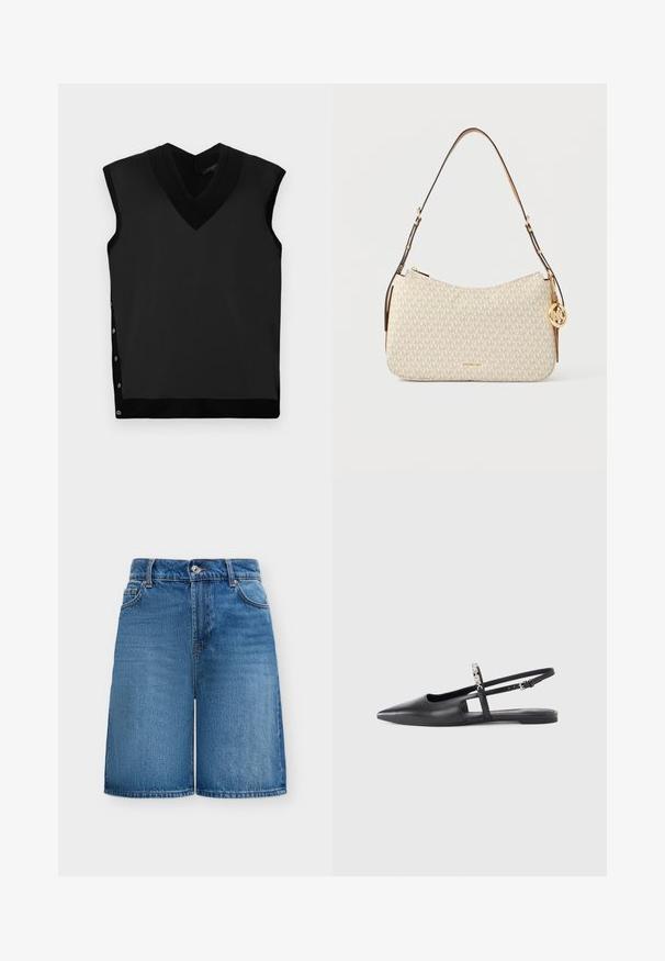 Zwarte mouwloze top met een V-hals, een zachte textuur, contrasterende geribbelde halslijn en een drukknoopdetail aan de linkerkant.; Blauwe denimshorts met knoop en ritssluiting aan de voorkant, riemlussen, twee voorzakken en een licht vervaagde wassing.; Zwart leren slingback platte schoen met puntige neus, uitsnijdingdetails en verstelbare band met een decoratieve bloemaccent.; Beige handtas met monogrampatroon, gebogen vorm en een verstelbare bruine riem. Voorzien van gouden hardware en een bedel met het logo.