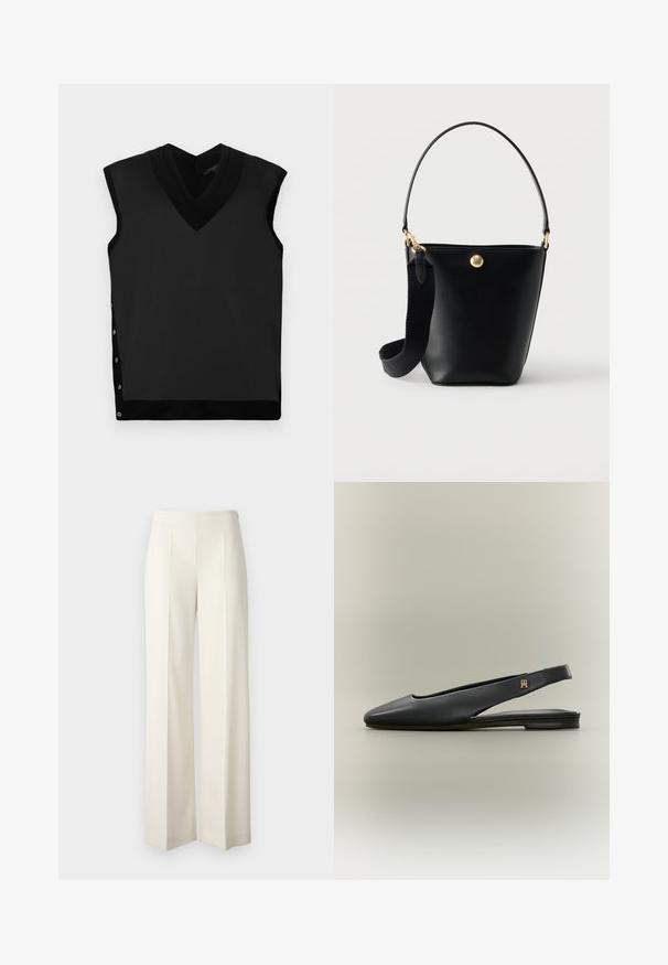 Top negro sin mangas con escote en V, textura suave, cuello acanalado en contraste y detalle de botones de presión en el lado izquierdo.; Pantalones de pierna ancha blancos, confeccionados en una tela suave con pliegues en la parte delantera. Diseñados con una cintura alta y un acabado limpio.; Zapato plano negro de cuero con tira trasera, punta afilada y acento de logo dorado en la tira, mostrado sobre un fondo neutro.; Bolso tipo bucket de cuero negro con un asa corta y una correa de hombro ancha y desmontable de tela, con un pequeño emblema redondo dorado en la parte delantera.