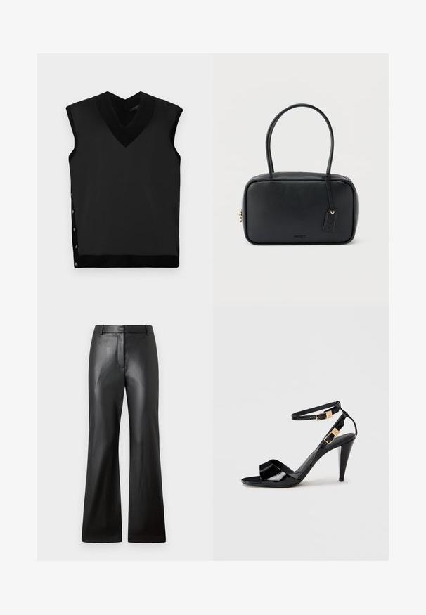 Top negro sin mangas con escote en V, textura suave, cuello acanalado en contraste y detalle de botones de presión en el lado izquierdo.; Pantalones de cuero negro con una textura suave, diseño de pierna ancha y una cinturilla de altura media que presenta trabillas para cinturón y bolsillos frontales.; Sандalia de tacón alto de charol negro con dobles correas en el tobillo y hebillas doradas, punta abierta y tacón delgado y afilado sobre un fondo neutro.; Bolso rectangular negro con asas dobles redondeadas, cremallera dorada y logo "HUGO" en relieve en el frente con etiqueta de cuero adjunta.