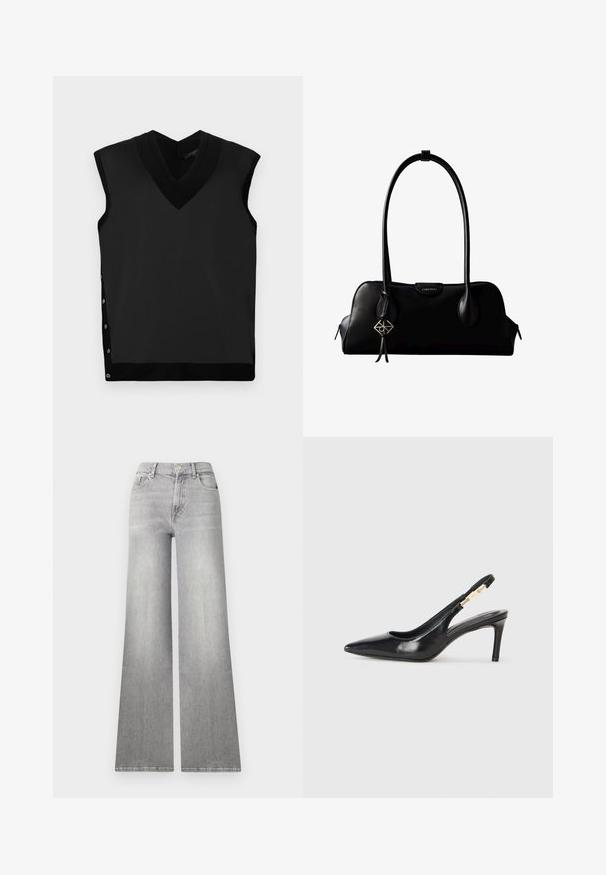 Sort ærmeløs top med V-hals, glat tekstur, kontrasterende ribbet halskant og trykknapdetalje på venstre side.; Bredde ben grå denim jeans med en falmet finish, frontlomme og knaplukning. Har lige ben og klassisk kant.; Sort læder slingback højhælede sko med spidse tæer, glat overflade og en smal ankelrem med guldfarvede hardware detaljer.; Sort lædertaske fra Calvin Klein med lange håndtag, en forside-logo-tag og en sølv geometrisk vedhæng, der hænger fra det ene håndtag.