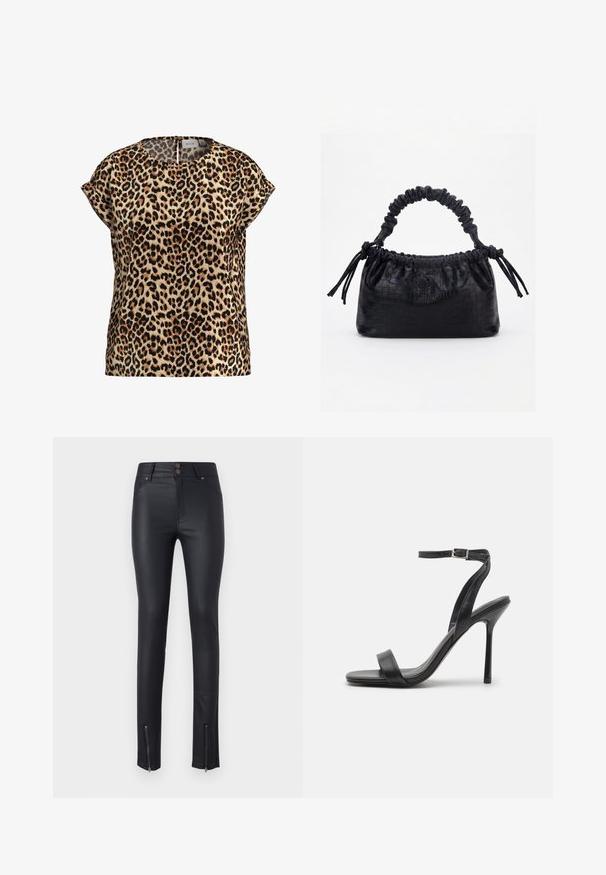 Top de estampado de leopardo, con mangas cortas y escote redondo, hecho de una tela sedosa; presenta un fondo beige con manchas negras y marrones.; Pantalones ajustados de imitación piel negra con dos bolsillos frontales, cierre de doble botón y cremallera en los tobillos para un ajuste ajustable. Textura suave en toda su superficie.; Sandalia negra de tacón alto con una correa delgada en el tobillo y dos bandas en la parte frontal. Hecha de cuero suave con una punta afilada y tacón de aguja.; Bolso negro con textura de cocodrilo, borde superior fruncido, asa recogida y cordones con borlas en cada lado sobre un fondo blanco.