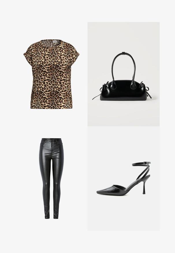 Top en imprimé léopard, à manches courtes, col rond, en tissu soyeux ; présente un fond beige avec des taches noires et brunes.; Jean skinny métallisé noir avec une texture lisse, taille haute, poches avant et fermeture éclair, conçu pour un ajustement près du corps.; Escarpin noir à bout pointu avec fines brides de cheville et fermeture à boucle argentée sur fond clair uni.; Petit sac à main noir brillant avec deux longues anses et des détails à cordon sur les côtés sur un fond clair uni.