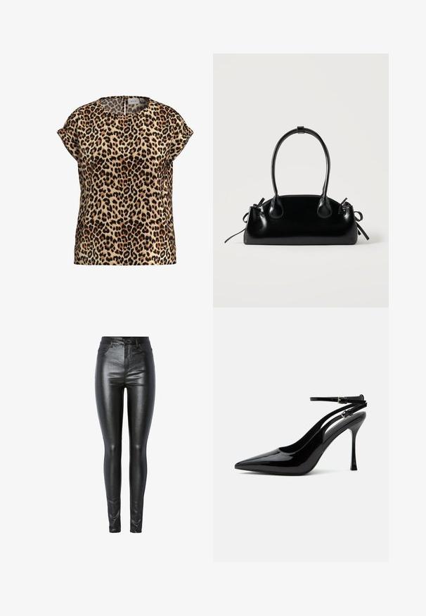 Leopardprint top, korte mouwen, ronde hals, gemaakt van een zijdezachte stof; heeft een tan achtergrond met zwarte en bruine vlekken.; Zwarte metalen skinny jeans met een gladde textuur, hoge taille, voorzakken en een ritssluiting, ontworpen om nauwsluitend te passen.; Zwarte lakleren pumps met hoge hak, spits toelopende neus en dubbele enkelbandjes met zilveren gespen.; Kleine zwarte glanzende handtas met twee lange hengsels en zijkant trekkoord details op een effen lichte achtergrond.