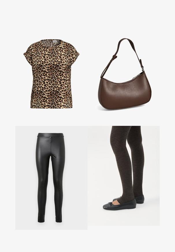 Top en imprimé léopard, à manches courtes, col rond, en tissu soyeux ; présente un fond beige avec des taches noires et brunes.; Leggings en simili cuir noir avec une texture lisse, une taille haute et une coupe fuselée. Présente des coutures minimales sans embellissements supplémentaires.; Jambes portant des leggings côtelés foncés associés à des ballerines noires avec de petits détails en nœud sur fond blanc.; Petit sac bandoulière en cuir marron avec sangle réglable et fermeture éclair, présenté sur fond blanc. Aucun logo ou décoration visible.