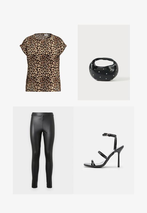 Top med leopardprint, korte ærmer, rund halsudskæring, lavet af silkeagtigt stof; har en lys brun baggrund med sorte og brune pletter.; Sorte faux læder leggings med en glat overflade, høj talje og tætsiddende pasform. Har minimale sømme og ingen yderligere pynt.; Sorte patentlæder højhælede sandaler med tre horisontale stropper og en justerbar ankelstrop. Elegant silhuet og skinnende finish.; Sort læderhåndtaske med en rundet form, dekoreret med sølvnitter, og et kort håndtag. Glat tekstur og lynlåslukning.
