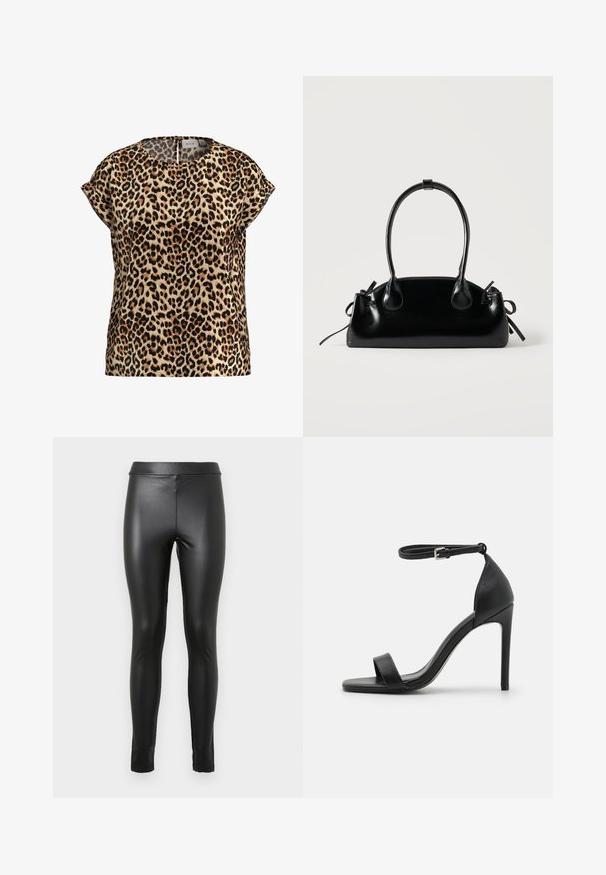Leopardprint top, korte mouwen, ronde hals, gemaakt van een zijdezachte stof; heeft een tan achtergrond met zwarte en bruine vlekken.; Zwarte nepleer leggings met een gladde textuur, hoge tailleband en taps toelopende pasvorm. Bevat minimale naden en geen extra versieringen.; Zwarte sandalen met hoge hakken, met een slank ontwerp, voorzien van een enkelbandje, open teen en een gladde leren textuur.; Kleine zwarte glanzende handtas met twee lange hengsels en zijkant trekkoord details op een effen lichte achtergrond.