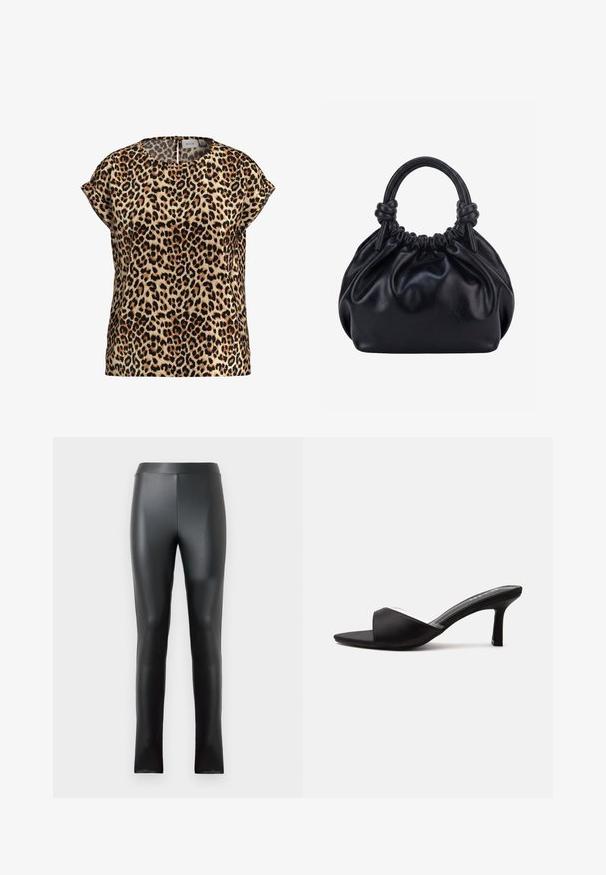 Top de estampado de leopardo, con mangas cortas y escote redondo, hecho de una tela sedosa; presenta un fondo beige con manchas negras y marrones.; Leggings negros hechos de un material suave y brillante, con una cintura alta y un diseño ajustado. Sin costuras visibles ni adornos.; Zapato mule negro de punta abierta con tacón delgado de altura media y una amplia correa en la parte delantera, mostrado de lado sobre un fondo liso.; Bolso de mano de cuero negro suave con parte superior fruncida y dos asas gruesas atadas en nudos sobre un fondo claro y liso.