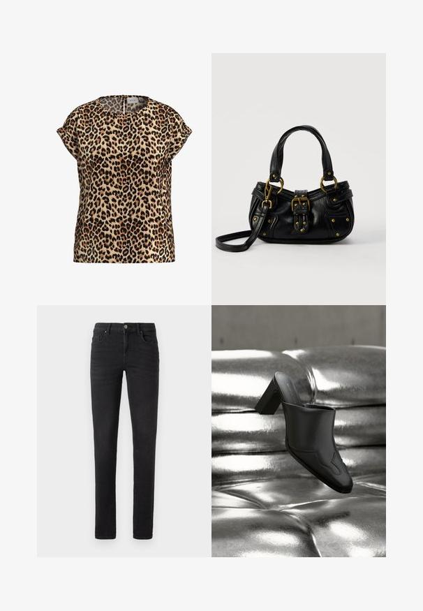 Leopardprint top, korte mouwen, ronde hals, gemaakt van een zijdezachte stof; heeft een tan achtergrond met zwarte en bruine vlekken.; Zwarte denim jeans met een slim fit, voorzien van een voorknopsluiting, vier zakken en een gladde textuur. Geen zichtbare patronen of versieringen.; Zwarte leren mule met blokhak, rustend op een glanzend zilveren gestoffeerde oppervlakte, die het strakke ontwerp en de afgeronde details benadrukt.; Zwarte leren handtas met gouden gesp en klinknagel details, korte handvatten en een verstelbare schouderriem op een effen witte achtergrond.