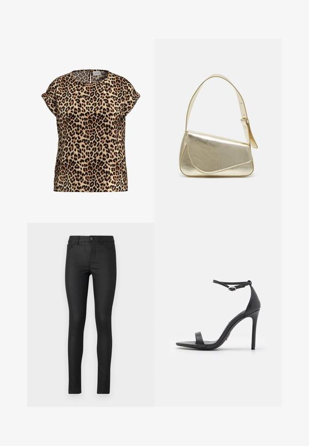 Top de estampado de leopardo, con mangas cortas y escote redondo, hecho de una tela sedosa; presenta un fondo beige con manchas negras y marrones.; Jeans skinny negros con una textura suave, cintura alta y diseño de cinco bolsillos. Presentan un cierre de botón en la parte delantera y detalles de costura.; Sandalias de tacón alto negras con punta abierta, tiras delgadas y hebilla en el tobillo. Textura de cuero suave con un diseño de punta afilada.; Bolso de mano metálico dorado con un diseño estructurado, textura suave y correa ajustable. Presenta una forma triangular única y un cosido minimalista.