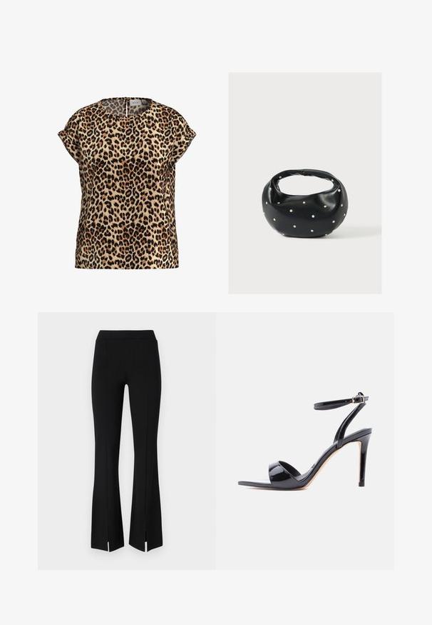 Leopardprint top, korte mouwen, ronde hals, gemaakt van een zijdezachte stof; heeft een tan achtergrond met zwarte en bruine vlekken.; Zwarte flare-pantalons van stretchy stof, met een hoge taille en uitsparingen bij de enkel voor extra detail en beweging.; Zwarte lakleren sandaal met hoge hak, open teen, enkelriem en gespsluiting, zijaanzicht op een witte achtergrond.; Zwarte leren handtas met een afgeronde vorm, versierd met zilveren studs, en een korte handgreep. Gladde textuur en ritsluiting.